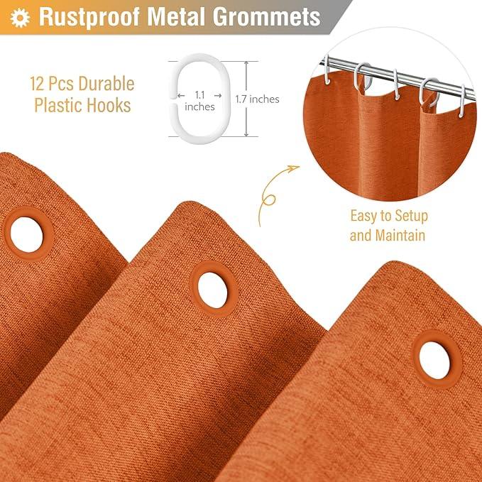 BTTN Orange Shower Curtain - Linen Textured Heavy Duty Waterproof Cloth Shower Curtain Set with 12 Plastic Hooks, Hotel Spa Luxury Simple Decorative Thick Fabric Shower Curtains for Bathroom - 72x72 - ModernBath