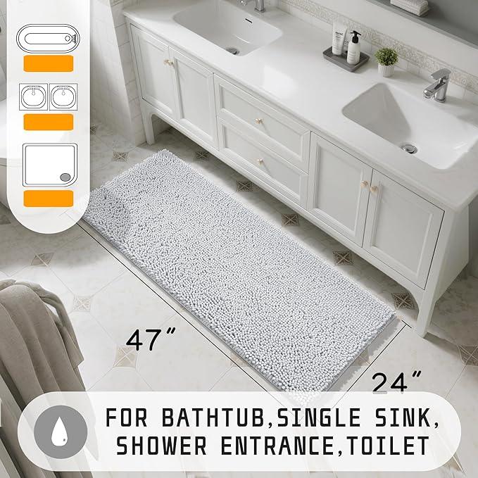 Yimobra Long Bathroom Rugs 47"x24", Extra Soft Non Slip Bath Mat for Tub, Super Absorbent Quick Dry Shaggy Rug Floor Carpet, Machine Washable,Silver - ModernBath