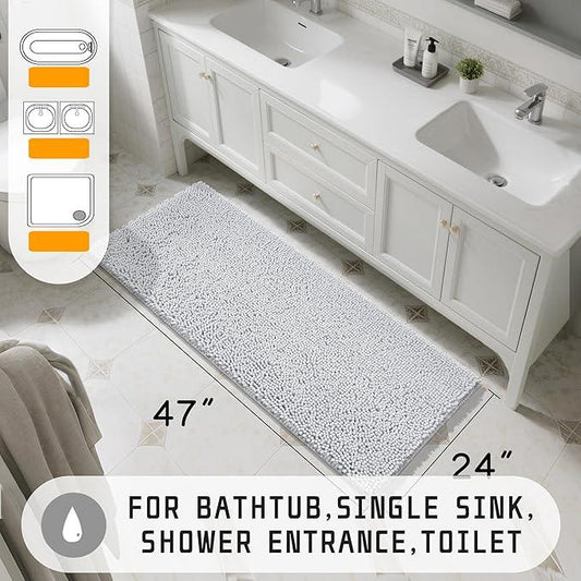 Yimobra Long Bathroom Rugs 47"x24", Extra Soft Non Slip Bath Mat for Tub, Super Absorbent Quick Dry Shaggy Rug Floor Carpet, Machine Washable,Silver - ModernBath