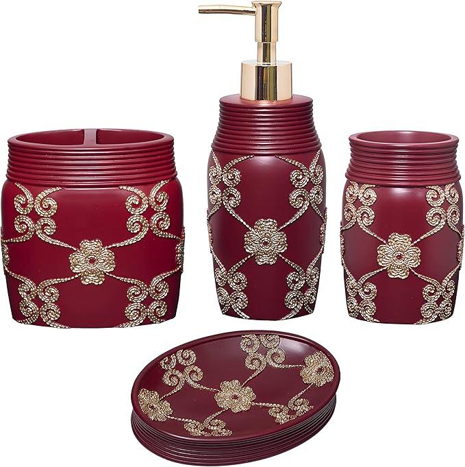 Zahari Home 4pc Elegant Rose Burgundy Bathroom Set Classic Bathroom Lotion Dispenser, Tumbler, Toothbrush Case and Bar Soap Holder Modern Uunique Design Burgundy Red Bathroom Accessories - ModernBath