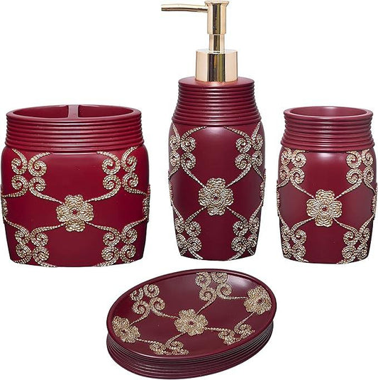 Zahari Home 4pc Elegant Rose Burgundy Bathroom Set Classic Bathroom Lotion Dispenser, Tumbler, Toothbrush Case and Bar Soap Holder Modern Uunique Design Burgundy Red Bathroom Accessories - ModernBath