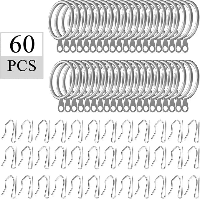 Hotop 30 Pcs Metal Drapery Curtain Rings 0.98/1.26/1.65 inch Interior Diameter and 30 Pcs Hanging Curtain Drapery Pin Hooks for Window Door Shower(Matte Silver,25 mm) - ModernBath