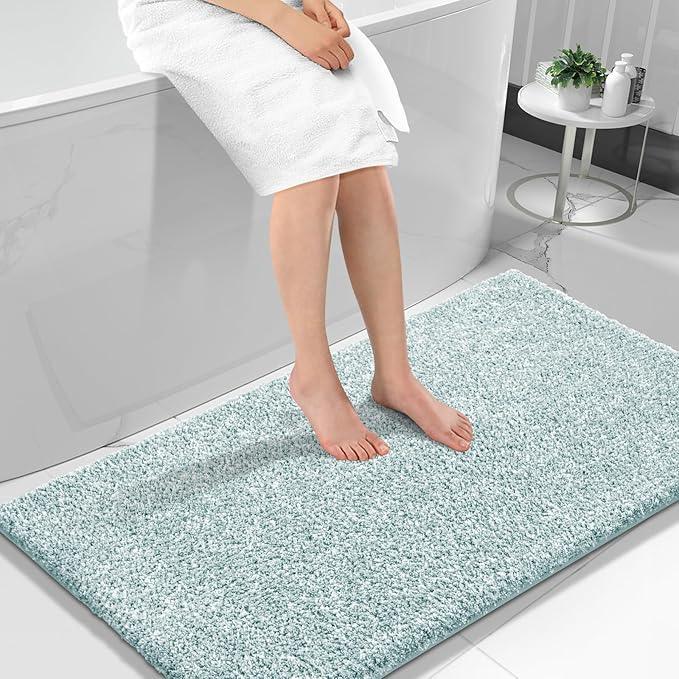 Yimobra Long Bathroom Rug Non Slip Washable, Soft Absorbent Microfiber Bath Mat, Dual-Tone Decor Rug with Rubber Backing for Bathroom Floor,Tub and Shower,47x24,Home Essentials,Light Blue and White - ModernBath