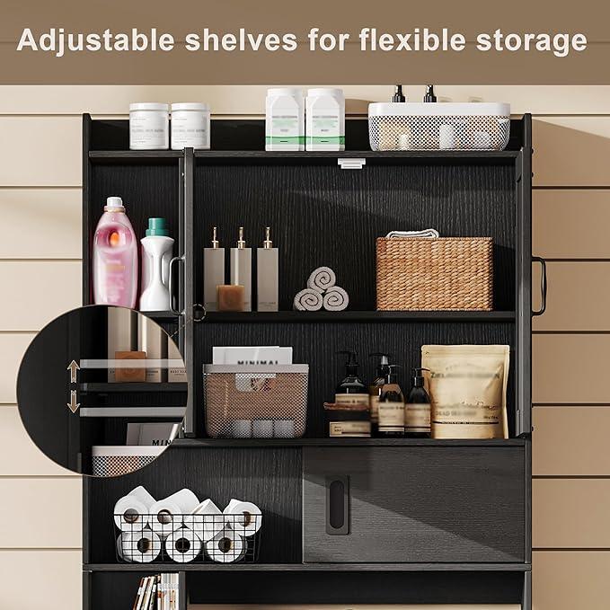 ChooChoo Over The Toilet Storage Cabinet, Farmhouse Bathroom Shelf Over Toilet with Adjustable Shelves, Above Toilet Storage Cabinet with Sliding Door for Bathroom, Laundry Room, Black - ModernBath