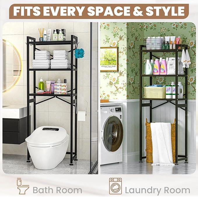 ZZL Over The Toilet Storage,3-Tier,Bathroom Toilet Organizer,Multifunctional Space Saver Freestanding Bathroom Shelves with 4 Hooks,Black - ModernBath