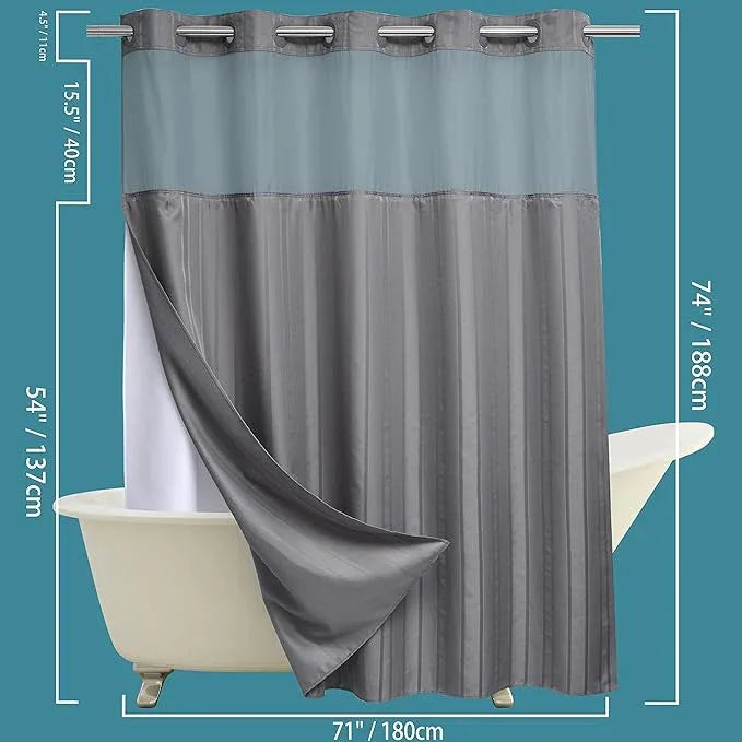 Conbo Mio No Hook Waffle Weave Shower Curtain with Snap in Liner Set, Hotel Luxury Grey Shower Curtains for Bathroom with See Through Top Window, Waterproof, Washable 71W x 74H Stripe - ModernBath