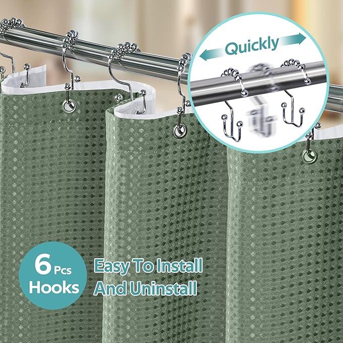 Vipfree 3 in 1 Shower Curtain Set, Waffle Shower Curtain and Liner Set with 6 Double Sided Shower Curtain Hooks, 258GSM Luxury Weighted Cloth Shower Curtains for Bathroom, 36 W x 72 H, Sage Green - ModernBath