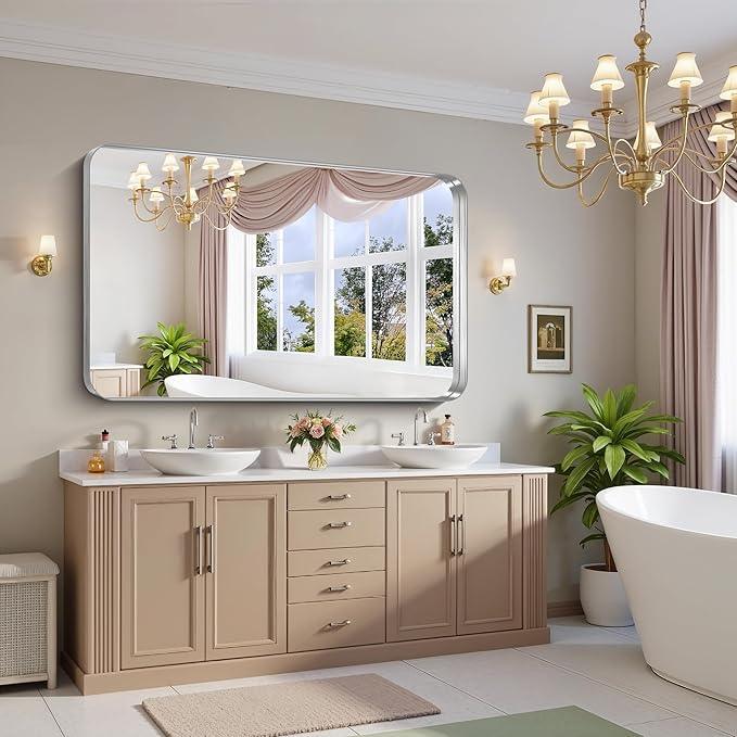 FORBATH 60x36 Inch Large Bathroom Mirror for Double Sinks, Brushed Silver Deep Frame Wall Mirror with Rounded Corners, Anti-Rust Tempered Glass for Modern Farmhouse Vanity (Horizontal/Vertical) - ModernBath