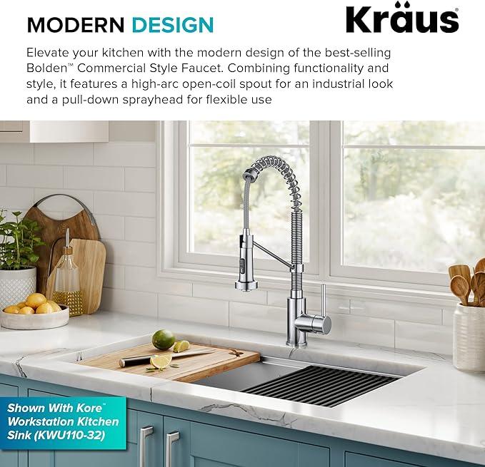 KRAUS Bolden Commercial Style 2-Function Single Handle Pull Down Kitchen Faucet in Chrome, KPF-1610CH (Pack of 1) - ModernBath