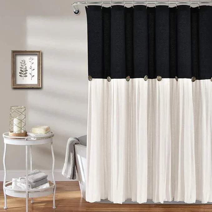 Lush Decor Linen Button Shower Curtain, 72" W x 72" L, Black & Off White - Black Shower Curtain Fabric - Bathroom Curtain - Farmhouse Bathroom Decor - ModernBath