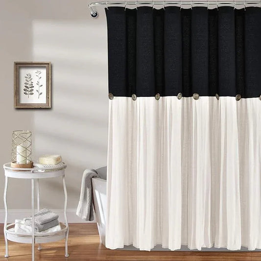 Lush Decor Linen Button Shower Curtain, 72" W x 72" L, Black & Off White - Black Shower Curtain Fabric - Bathroom Curtain - Farmhouse Bathroom Decor - ModernBath