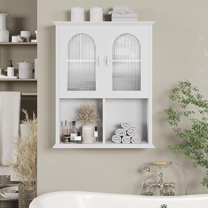 CJL Bathroom Wall Cabinet with Fluted Door, 23.6'' x 29.5'' Medicine Cabinet, Over The Toilet Storage Cabinet, White - ModernBath