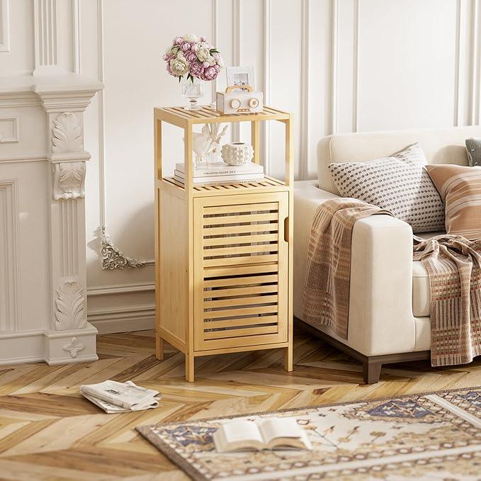 HITNET Bathroom Cabinet Freestanding, Small Bamboo Floor Cabinet, 4 Tier Single Door Sofa Side Table Storage Organizer, Space Saving Kitchen Cupboard, Natural - ModernBath
