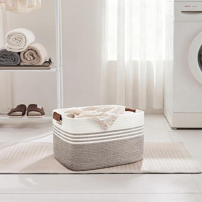 45L Small Laundry Basket with Leather Handles for Living Room Storage, Woven Rope Baskets Bin for Blanket, Kids Toy, Gifts, Wicker Hamper for Bedroom Dirty Clothes, 18"x14"x11" Dark Brown - ModernBath