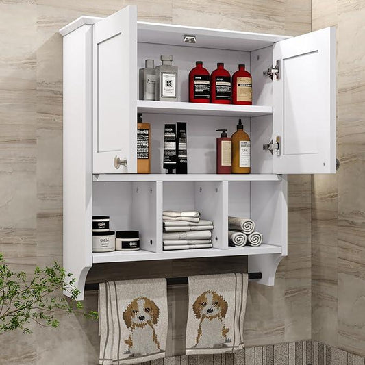 Bathroom Medicine Cabinet, Bathroom Cabinet Wall Mounted Over-The-Toilet with Towel Bar, 2 Doors & 3 Open Shelves, White - ModernBath