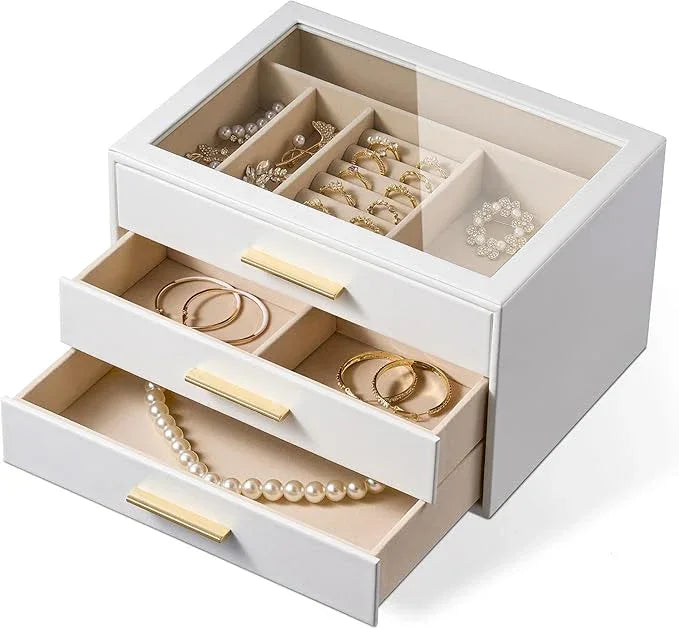 pickpiff Jewelry Box Organizer Case for Women: 3-Layer Jewelry Storage Case with Glass Window, Pure White Leather with Velvet Holder for Ring Necklace Bracelet Brooch Watch, Great Gift for Her - ModernBath