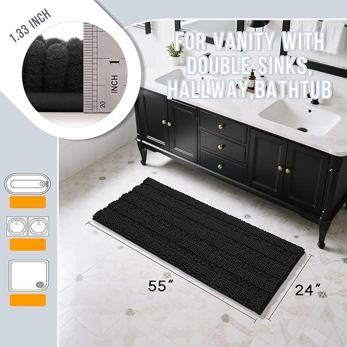 Yimobra Bathroom Runner Rugs 55"x24", Non Slip and Absorbent Bath Mat, Super Soft Water Absorbent Hallway Carpet, Machine Washable Rug for Vanity Tub Shower, Black - ModernBath