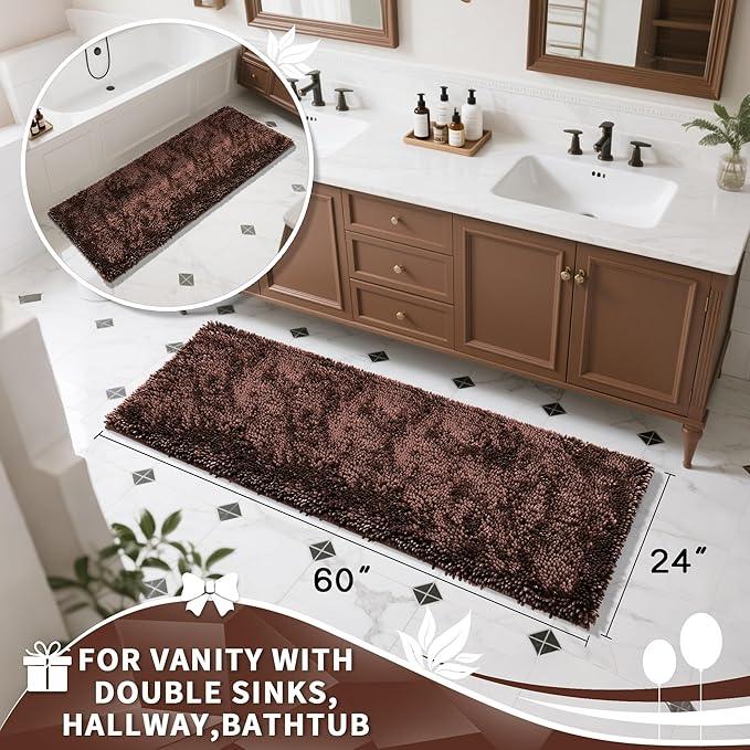 Yimobra Long Bathroom Rugs Runner 60x24 Inch, Extra Thick Soft Absorbent Chenille Bath Mat, Non Slip Machine Washable, Quick Dry Bath Rugs for Bathroom Floor, Tub and Shower, Brown - ModernBath