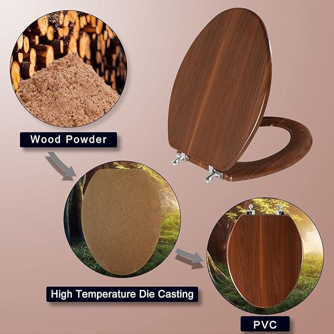 Angol Shiold Elongated Wooden Toilet Seat with Zinc Alloy Hinges, Easy to Install and Clean, Anti-pinch, Walnut - ModernBath