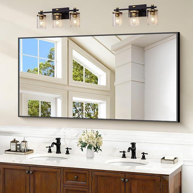 Black Bathroom Mirror for Wall, 55x30 Inch Rectangle Mirrors with Metal Frame, Modern Vanity Wall Mirror Decor for Bathroom Living Room, Entryway Hangs Horizontal or Vertical - ModernBath