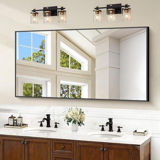 Black Bathroom Mirror for Wall, 55x30 Inch Rectangle Mirrors with Metal Frame, Modern Vanity Wall Mirror Decor for Bathroom Living Room, Entryway Hangs Horizontal or Vertical - ModernBath