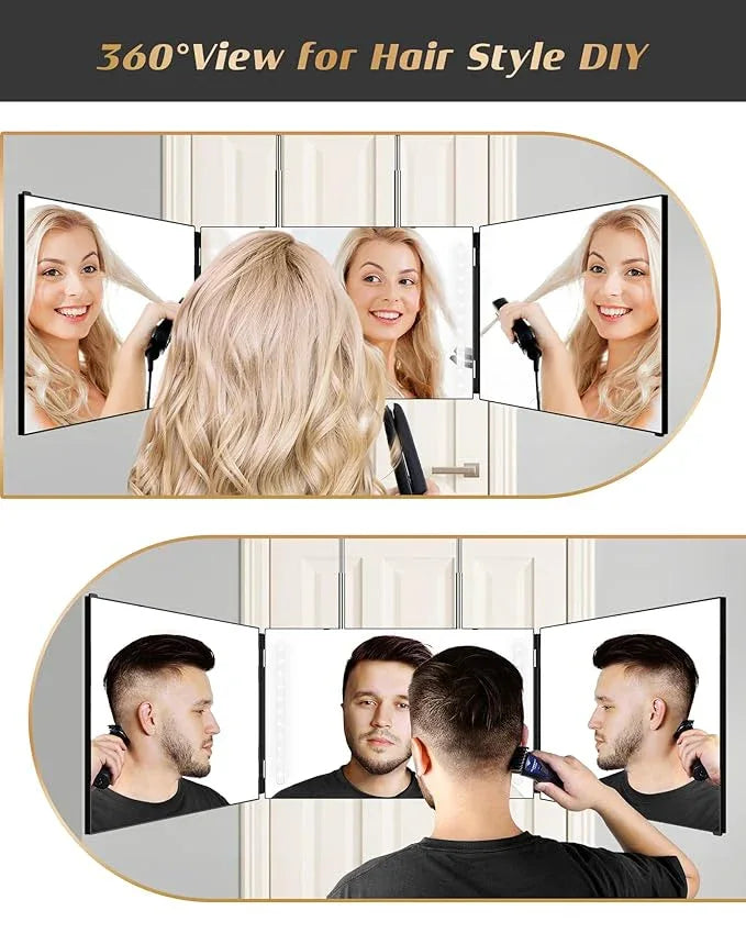 JUSRON 360 Viewing Angle Self Hair Cutting Mirror, Clear Anti-Fog HD Glass (Black with LED with Accessories) - ModernBath