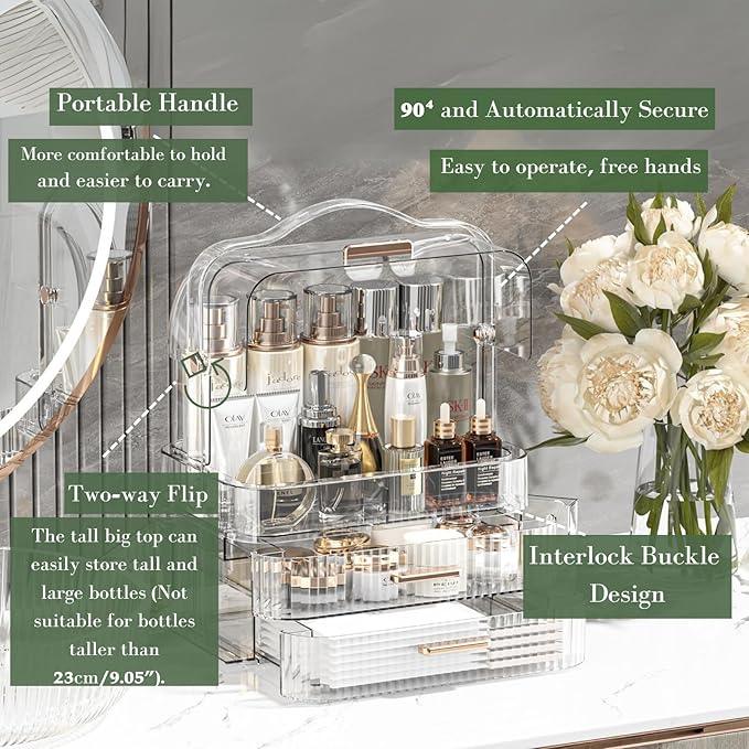 LINFIDITE Cosmetics Storage Box Transparent Lid Large Makeup Organizer Box Drawers Portable Handle Waterproof Dustproof Skincare Display Cases for Countertop, Bathroom, Dresser,Gift Clear Green - ModernBath