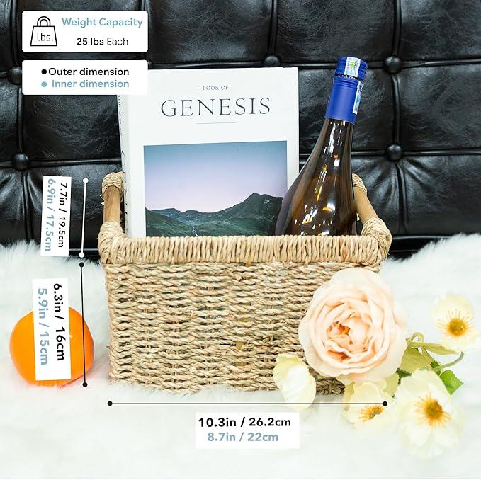 Small Wicker Baskets for Organizing Bathroom, Seagrass Baskets for Storage, Wicker Storage Basket with Wooden Handle, Decorative Small Organizing Basket 10.3 x 7.7 x 6.3 inches - 3 Pack - ModernBath
