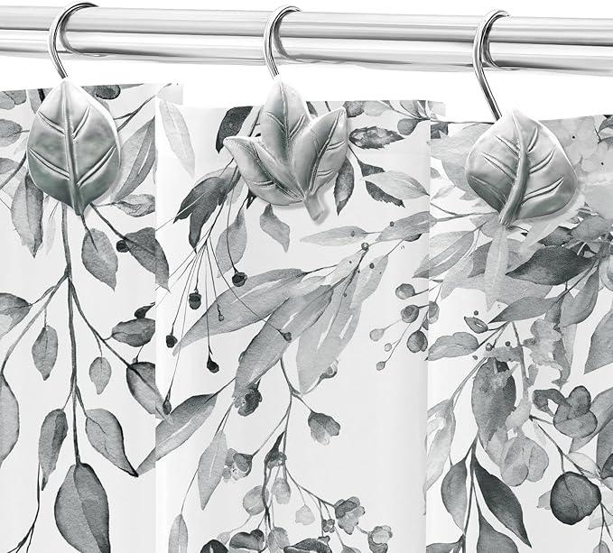 Gibelle 12PCS Leaves Shower Curtain Hooks, Grey Plant Leaf Decorative Shower Curtain Hooks Metal Rustproof Cute Eucalyptus Shower Curtain Rings Bathroom Decoration Accessories - ModernBath