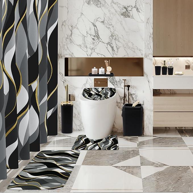 XLHOMO Bathroom Set - Black and Gold Bathroom Accessories, Bathroom Sets with Shower Curtain and Rugs, Black Shower Curtain Set with Bathroom Trash Can, Soap Dispenser, Soap Dish for Home Decor - ModernBath