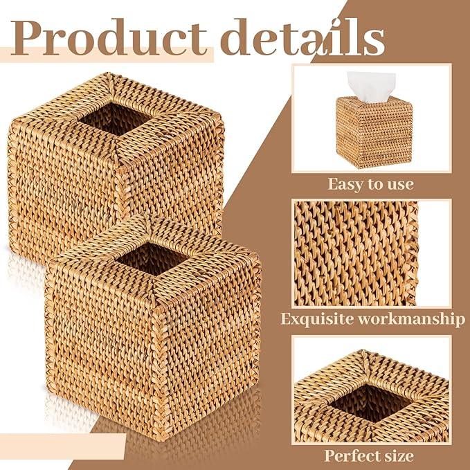 Kigley 2 Pcs Square Rattan Tissue Box Cover Boho Wicker Tissue Cube Box Cover 5.5'' x 5.5'' x 5.5'' Decorative Natural Wicker Hand Woven Napkin Box Holder Bathroom Office Car Accessories (Wood) - ModernBath