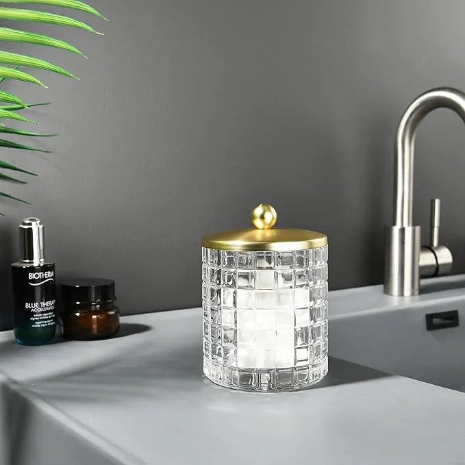 Indecor Home Clear Tranparent Apothecary Etched Geometric Grid Glass Jar W/Gold Metal Lid Cover for Bathroom Organization, Cotton Balls, Q Tips, and Small Accessories, Bathroom Storage - ModernBath