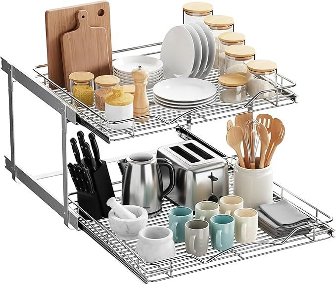 HOLDN’ STORAGE Two Tier Pull Out Cabinet Organizer, Individual Sliding Drawers - Heavy Duty Metal with Lifetime Limited Warranty - Anti Rust Chrome Finish - 24" W x 21”D x 16.5" H - ModernBath