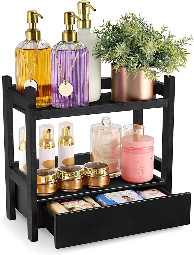 Sorbus Bamboo Bathroom Counter Organizer – 2-Tier Shelf with Hidden Drawer for Vanity, Matcha Station, Bathroom Sink Organizer Countertop, Kitchen & Office Storage (13″ L x 6.5″ W x 12.6″ H) (Black) - ModernBath