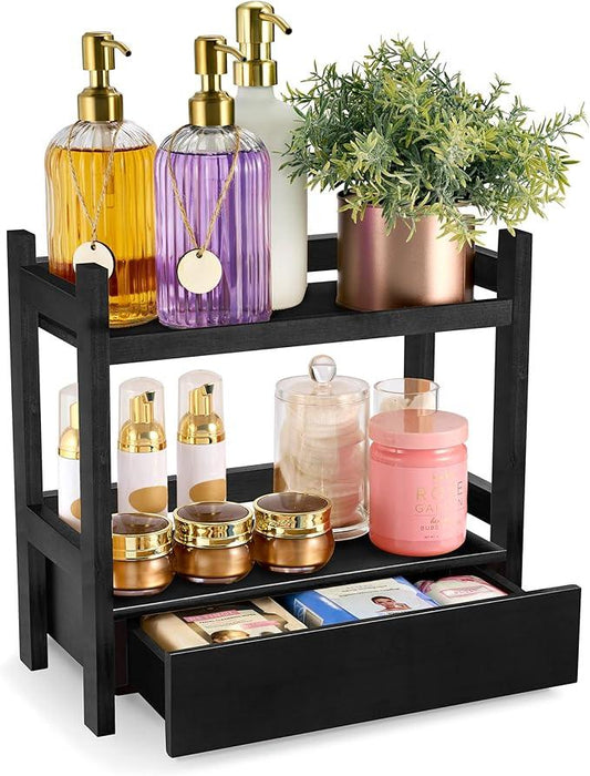 Sorbus Bamboo Bathroom Counter Organizer – 2-Tier Shelf with Hidden Drawer for Vanity, Matcha Station, Bathroom Sink Organizer Countertop, Kitchen & Office Storage (13″ L x 6.5″ W x 12.6″ H) (Black) - ModernBath