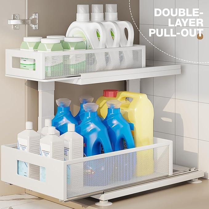 2 Pack Under Sink Organizer with Next-Gen Ball-Bearing Slides,2-Tier Pull Out Cabinet Storage,Height Adjustable Drawer Shelf for Bathroom,Kitchen,Laundry,Cabinet,Pantry(Patent Pending) - ModernBath