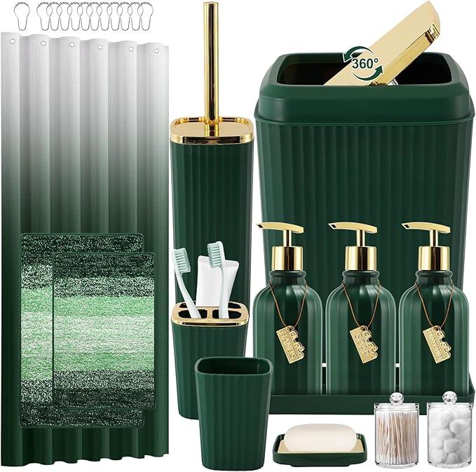 WSBArt 32PCS Bathroom Set Bathroom Sets with Shower Curtain and Rugs Hunter Green Bathroom Accessories,Shower Curtain Set,Bathroom Rug Set with Bathroom Trash Can - ModernBath
