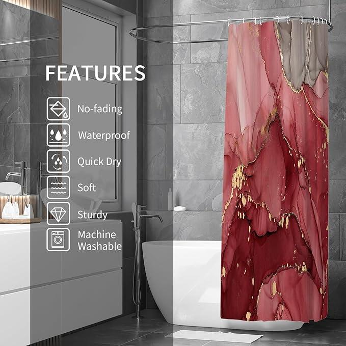 Gibelle Small Stall Half Abstract Red Marble Shower Curtain Set, 36 x 72, Modern Ink Art Waterproof Fabric with Hooks - ModernBath