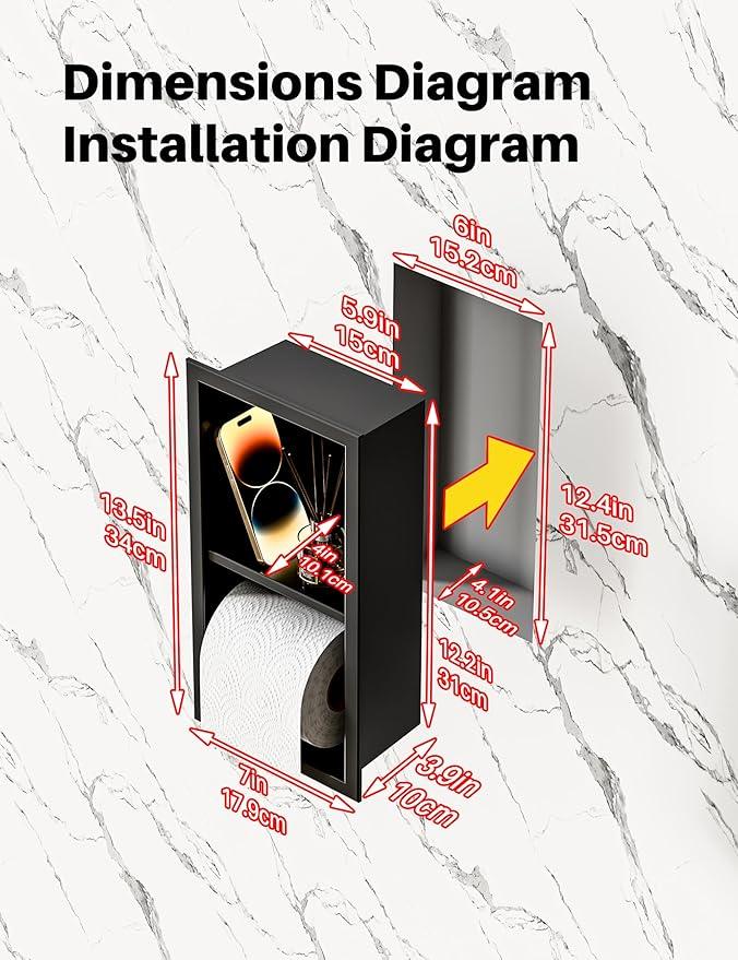 Toilet Paper Dispenser with Recessed Wall Niche for Storage,Stainless Steel Toilet Paper Holder with Shelf,Brushed,15.9inX7.9inX4.9in (Matte Black, 12.2 * 4.8 * 3.9 in) - ModernBath