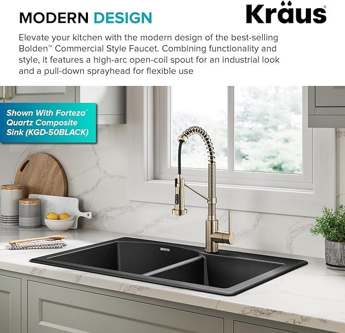 KRAUS Bolden Commercial Style 2-Function Single Handle Pull Down Kitchen Faucet in Spot-Free Antique Champagne Bronze, KPF-1610SFACB - ModernBath