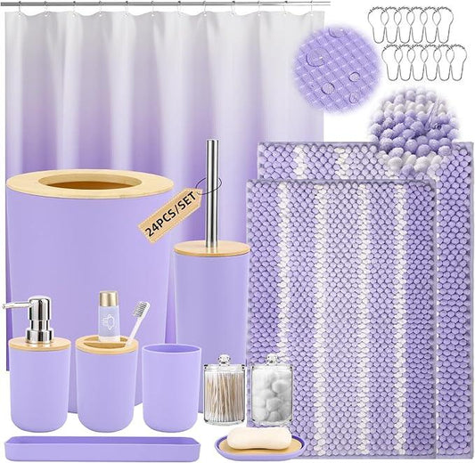 SLDIYWOW Purple Bathroom Accessories Set with Ombre Shower Curtain and No-Slip Bath Rugs,24PC Bath Sets with Trash Can, Toothbrush Holder, Cup, Soap Dispenser, Tray, Soap Dish,Toilet Brush,Qtip Holder - ModernBath