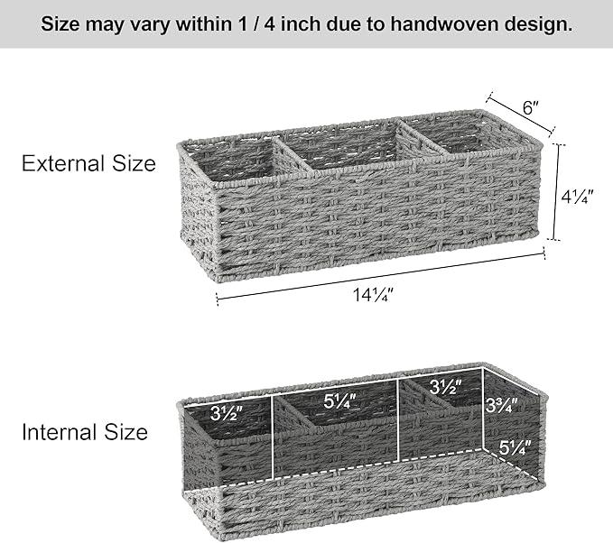 StorageWorks 3-Section Wicker Baskets for Shelves, Hand-Woven Round Paper Rope Storage Baskets, Gray, 2-Pack - ModernBath