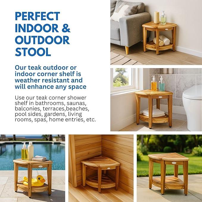 EcoDecors Teak Shower Corner Caddy 18" – Waterproof Wood Storage Organizer with Built-in Shelf and Adjustable Feet - Ideal for Small Bathrooms & Walk-in Showers - Indonesian Teak - ModernBath