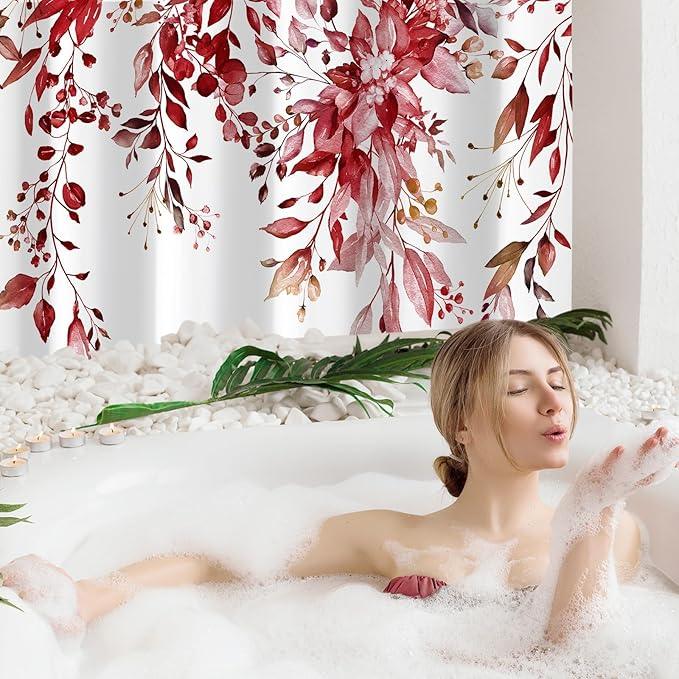 Gibelle Extra Long Shower Curtain 72 x 84, Tall Burgundy Red Floral Shower Curtain for Bathroom, Watercolor Plant Eucalyptus Leaves Fabric Shower Curtain Set - ModernBath