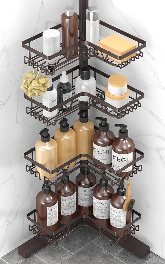 KEGII Floor Corner Shower Caddy Standing, Rustproof 4-Tier Shower Shelf Organizer with Hooks & Soap Holder, Free-Standing Bathroom Storage Rack for Shampoo & Toiletries, Bronze - ModernBath