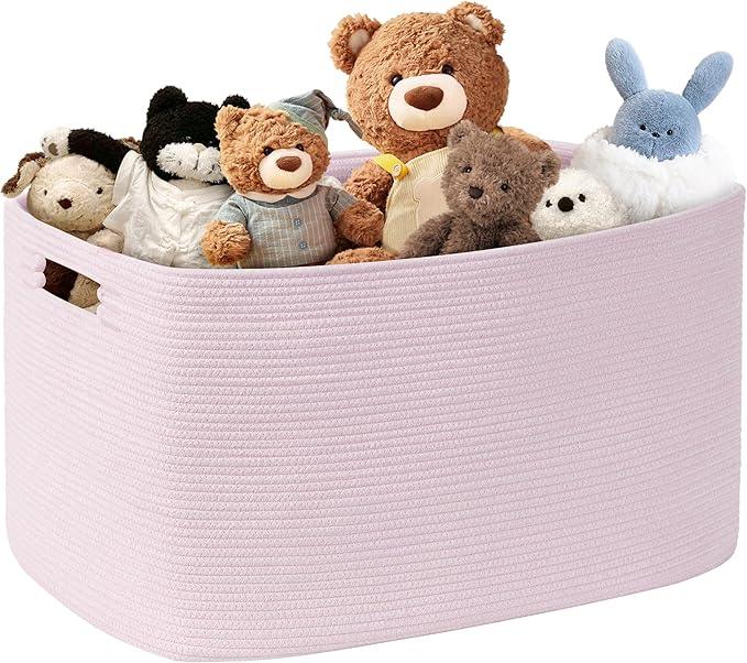 86L Large Baby Girls Laundry Basket for Nursery Storage,Cute Woven cotton Rope Baskets for Kids Toy，Gifts, Boho Square Wicker Blanket hamper for Living Room,Bedroom Dirty Clothes,Pink - ModernBath