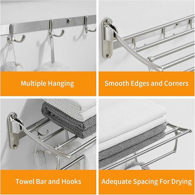 BESy 24 Inch Brushed Nickel Towel Racks, Bathroom Towel Shelf with Foldable Towel Bar Holder and Towel Hooks, Wall Mounted Multifunctional Bathroom Accessories, Double Towel Bars - ModernBath