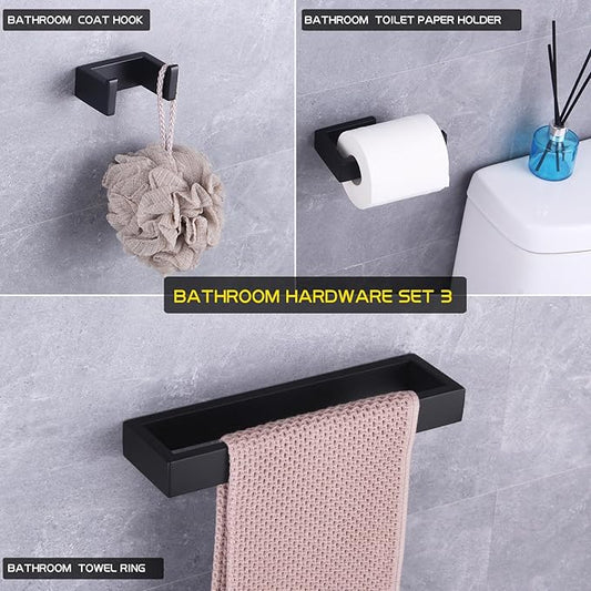 GERZWY Bathroom Accessory 3-Piece Set SUS 304 Stainless Steel Toilet Paper Holder Towel Ring Towel Hooks Wall Mount, Matte Black HG1708-3BK