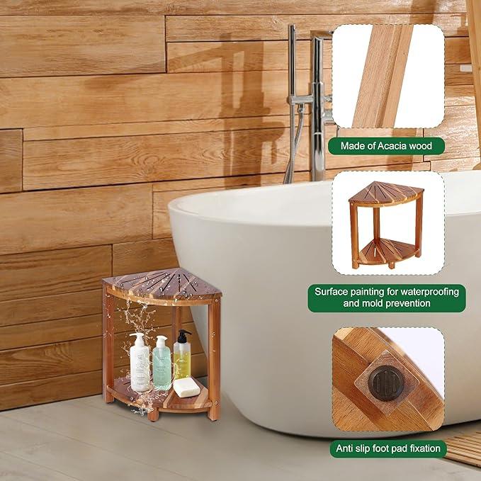 Bathroom Corner Shower Stool with Storage Shelf, Shower Feet Stool, Non-Slip Adjustable Feet Drain Holes, for Shaving Legs, SpacemSaving Shower Bench with Storage for Small Spaces - ModernBath