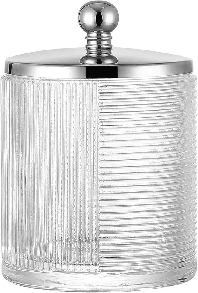 Indecor Home Clear Transparent Apothecary Ribbed Geometric Etched Glass Jar W/Silver/Chrome Metal Lid Cover for Bathroom Organization, Cotton Balls, Q Tips, and Small Accessories, Bathroom Storage - ModernBath